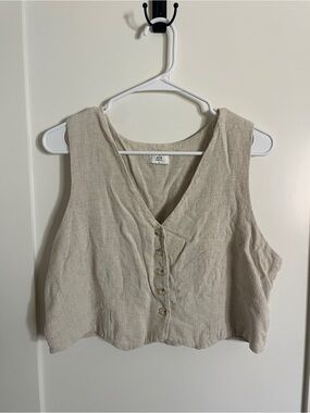 NLT Made in LA Linen Blend Button Front Crop Tank | Size Large | Oatmeal